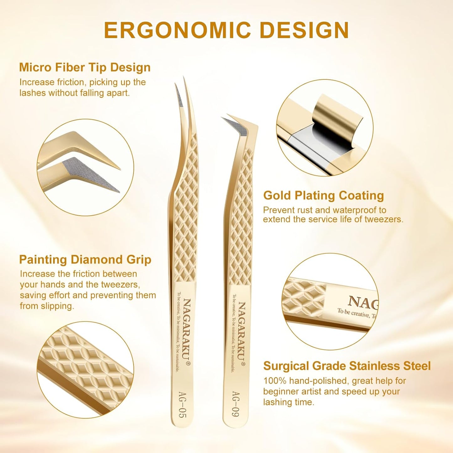 NAGARAKU Eyelash Tweezers, 1 Pair Precision Fiber Tip Tweezer for Lash Extensions Volume Grip Tweezers Antistatic Straight Curved Tip Stainless Steel with Box -Dolphin & L Typ Tweezers AG-05 & AG-09