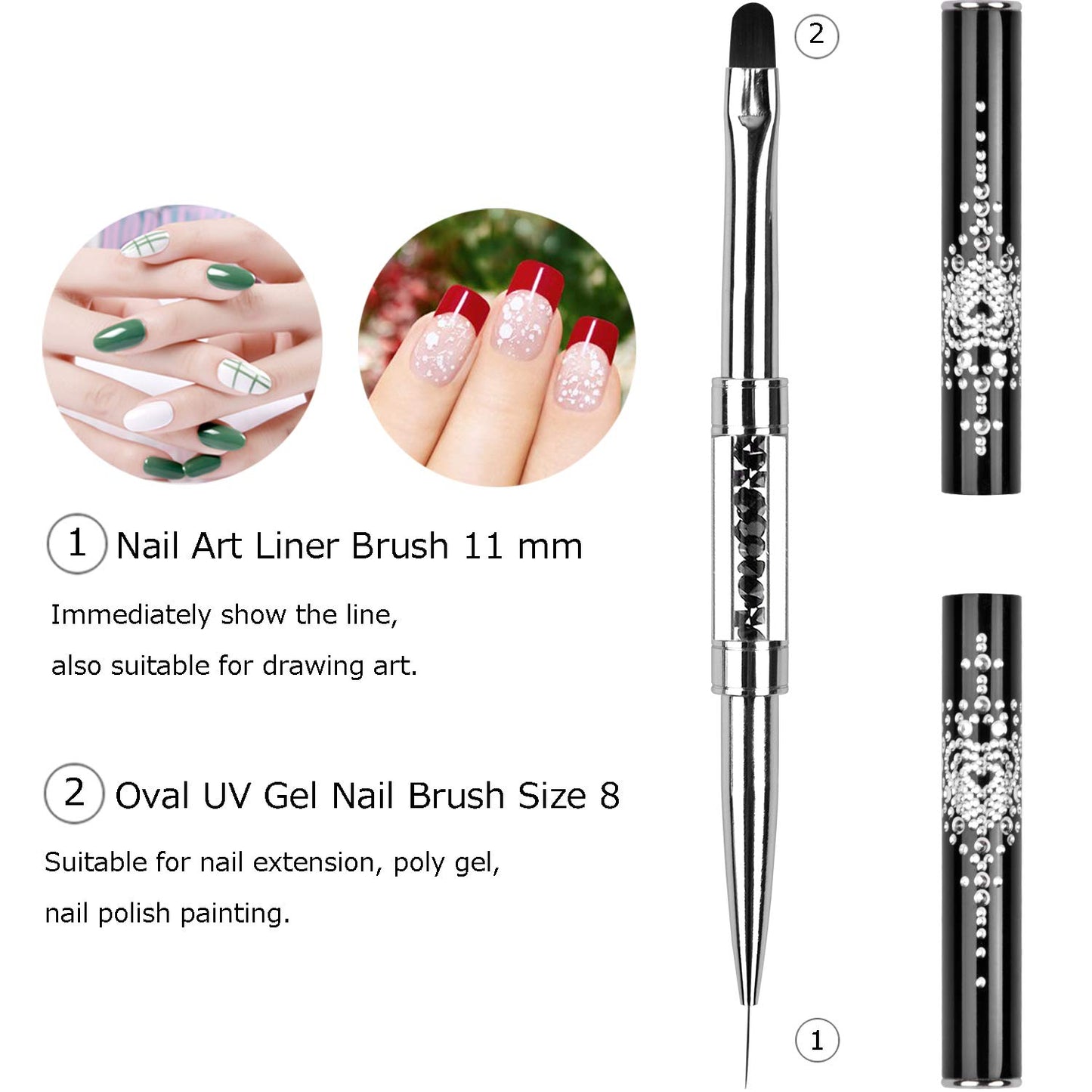 LEQ 1Pcs Dual-ended Nail Design Brush Rhinestone Handle UV Gel Nail Brush Professional Nail Art Tools