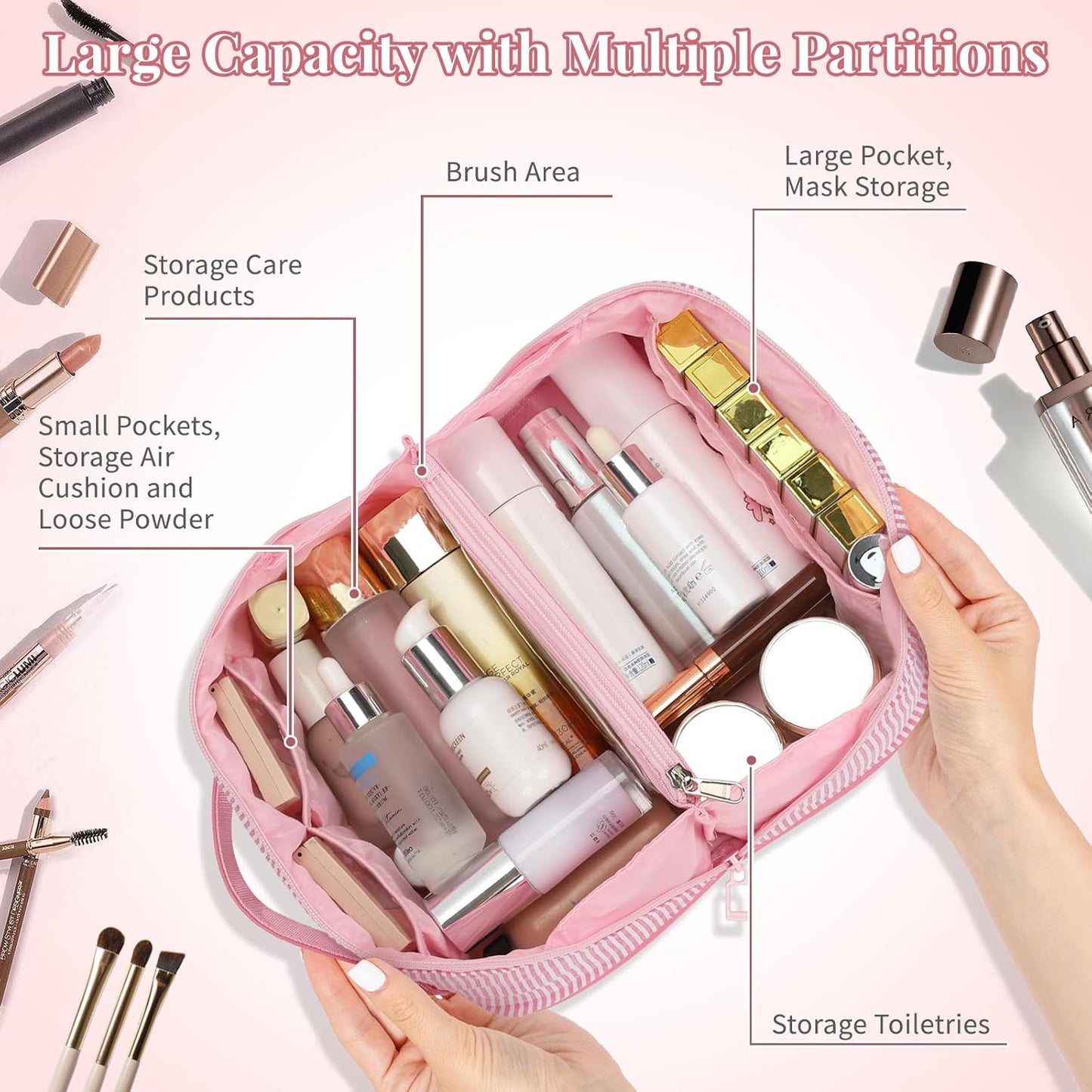 Travel Makeup Bag for Women, 2Pcs Portable Personalized Initial Makeup Organizer Bag, Open Flat Large Cosmetic Bag With Travel Essential Pouch (Pink Letter G)