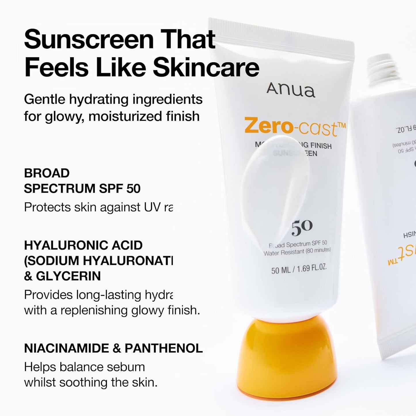 Anua Zero-Cast Moisturizing Finish Sunscreen,SPF 50, Glow Natural Sunscreen,No White cast, Hyaluronic Acid, Niacinamide sun block for face,Oil-Free, Oxybenzone free, Travel Essential (50ml/1.69fl.oz)