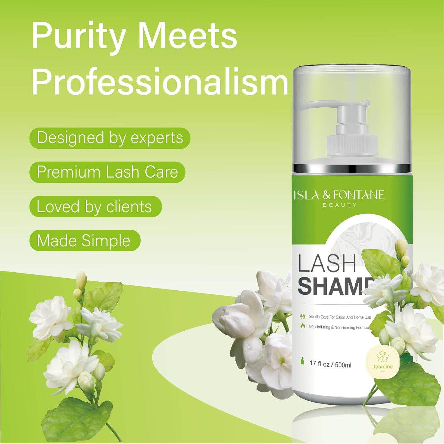 ISLA & FONTANE Lash Shampoo Bulk – Multi-Scent Series – 17 fl oz / 500ml | Gentle Eyelash Cleanser for Lash Extensions | Non-Irritating | Professional Lash Bath Foam For Salon And Home Use (Jasmine)