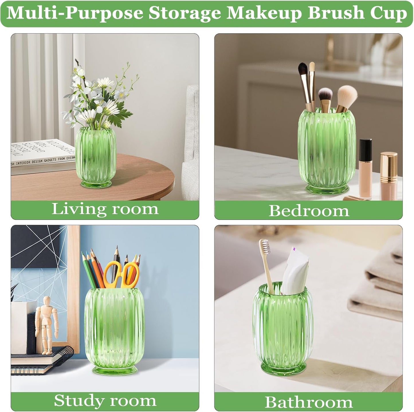 Makeup Brush Holder, Thick Glass Makeup Brush Organizer Cup, 4.8" Tall for Vanity Hair Brush Holder Brushes Storage, Makeup Brush Holder Organizer organizador de brochas de maquillaje Crystal Green