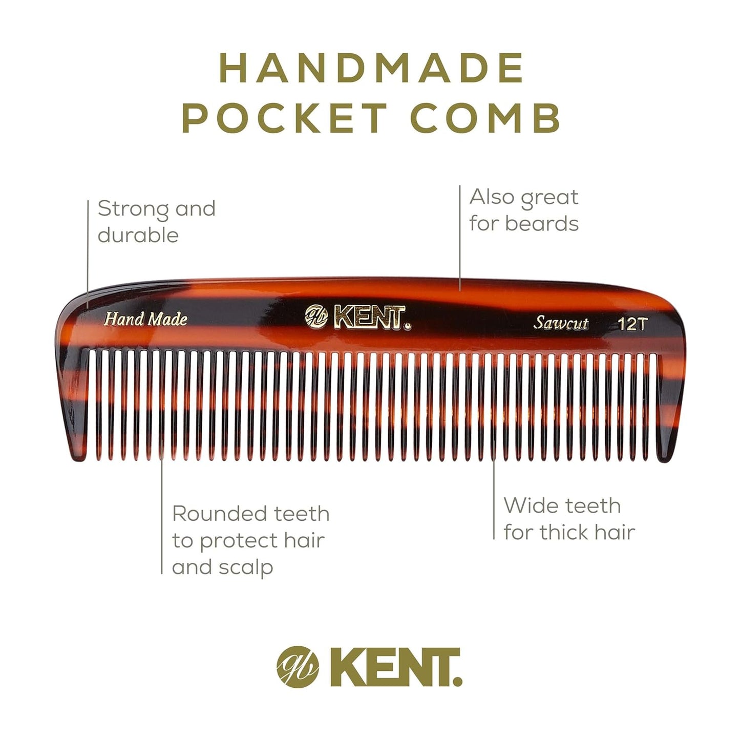 Kent 12T Wide-Tooth Detangling Comb - Handmade Pocket Comb for Thick, Curly, Wavy Hair - Large Saw-Cut and Hand-Polished Grooming Comb for Hair, Beard, and Mustache