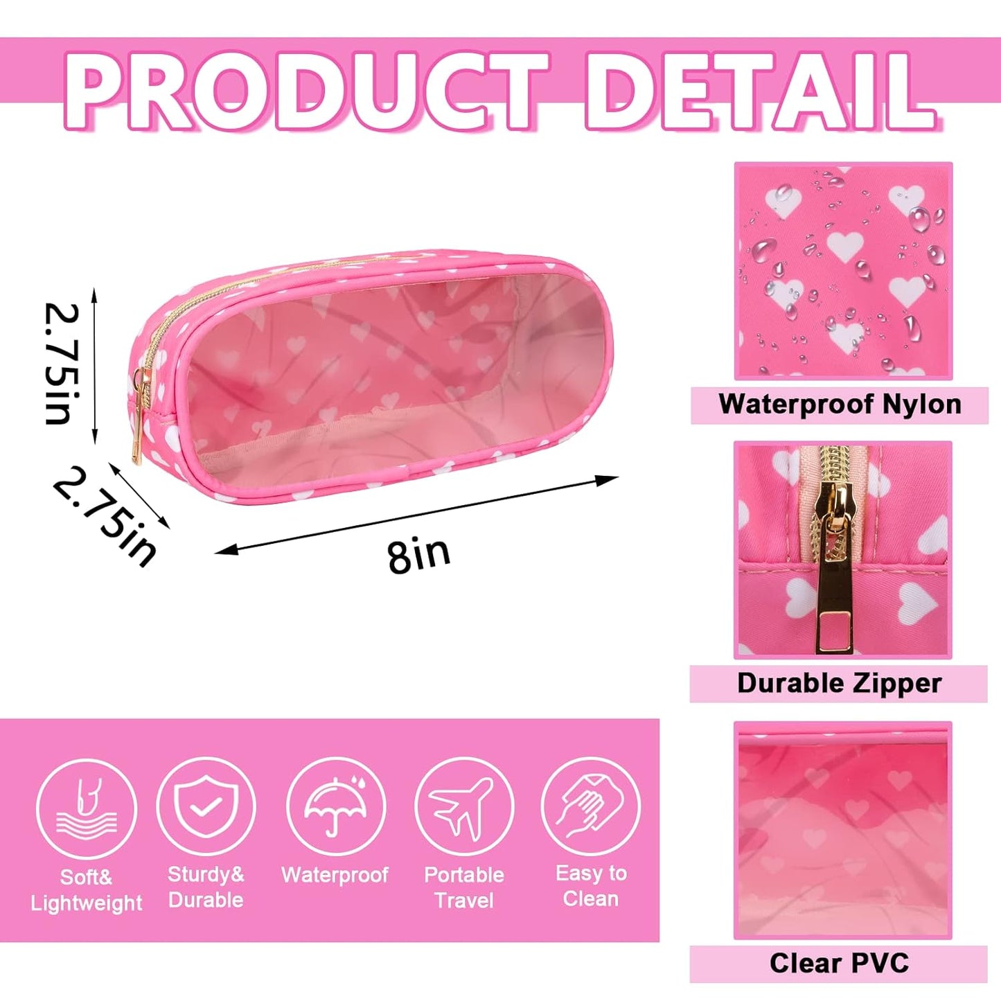 Clear Small Pencil Pouch Makeup Bag for Purse,Nylon&PVC Pencil Case Waterproof Makeup Brush Holder with Zipper,Preppy Transparent Pen Bag Travel Cosmetic Bag for Women Office(Slim-Pink Heart)