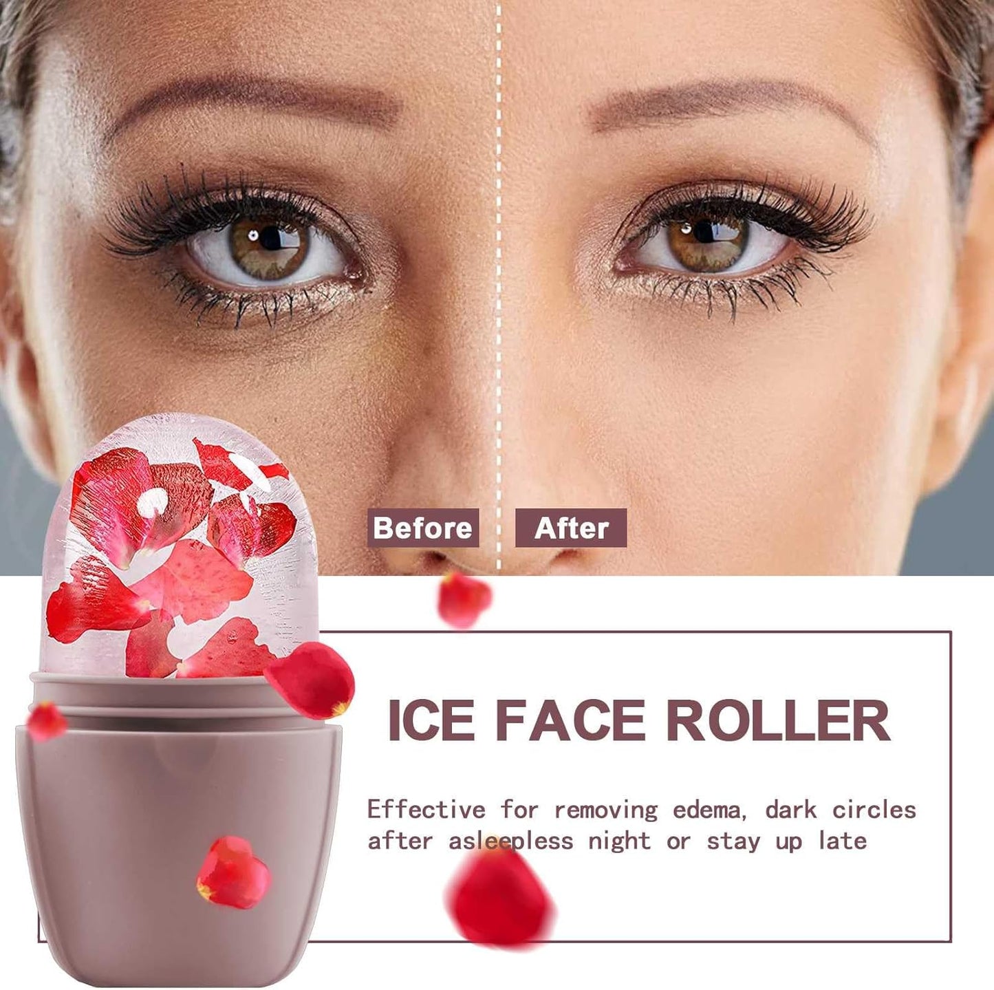 KOGITI Face Ice Roller & Mold - Beauty Facial Massage Tool for Puffiness Relief, Ice Cube Holder (Brush-Brown)