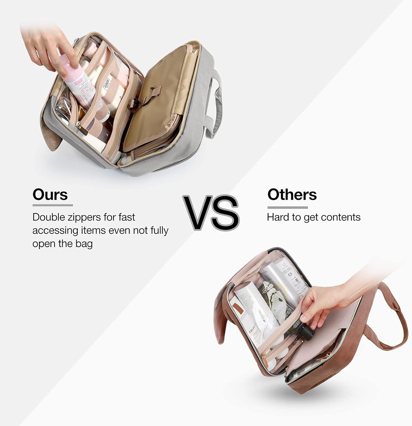 BAGSMART Toiletry Bag Hanging Travel Makeup Organizer with TSA Approved Transparent Cosmetic Bag Makeup Bag for Full Sized Toiletries, Large-Grey