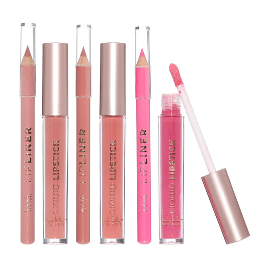 Nicole Miller Rosy Nudes Lip Collection | 6 Piece Set | 3 Luxurious Lip Liners & 3 Liquid Lip Sticks in Light Rose, Rosy Mauve, and Deep Peach