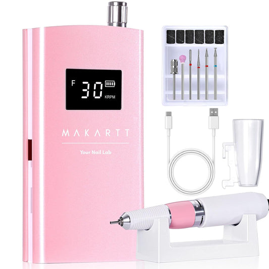 Makartt Electric Nail Drill - 30000RPM Rechargeable E File, Perlarie Pearly Pink Portable Nail Grinder with Drill Bits & Sanding Bands for Manicure Salon Home Use