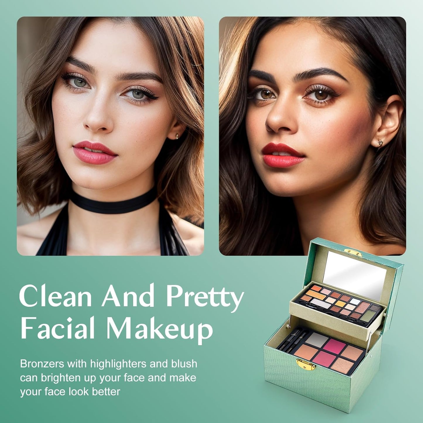 Color Nymph Beginner Makeup Kit For Teens, Girls Makeup kits With Recyclable And Key-Lockable Cabinet Included 17-Colors Eyeshadows Blushes Bronzer Highlighter Lipstick Brushes Mirror(Green)