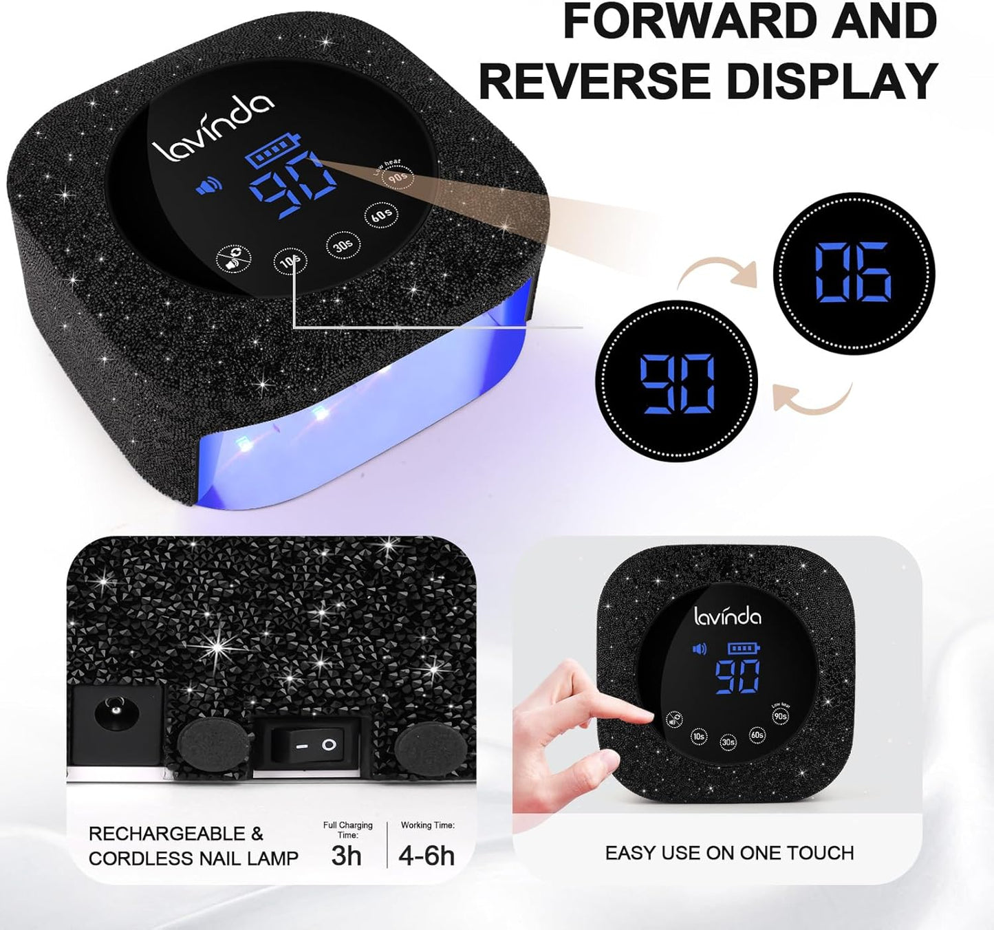 Lavinda 54W UV Nail Lamp, UV Light for Gel Nails, Cordless Rechargeable UV LED Nail Lamp Nail Light with 4 Timer and LCD Display, Professional Fast Curing Lamp Nail Dryer with Black Rhinestone