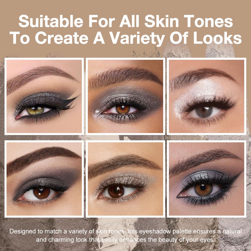 evpct 6 Colors Smokey Grey Eyeshadow Palette, Black Smoky Gray White Silver Taupe Glitter Sparkle Shimmer Matte High Pigment Mini Travel Eye shadow Palette Makeup for older Women, Long Lasting