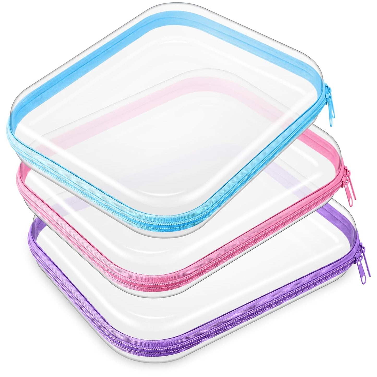 Hoolerry 3 Pcs Clear Hard Zipper Case Plastic Pouch Transparent Hard Case Clear Makeup Bag Portable Travel Organizer Bin for Cosmetics, Building Blocks, Puzzles (Multicolor,M)