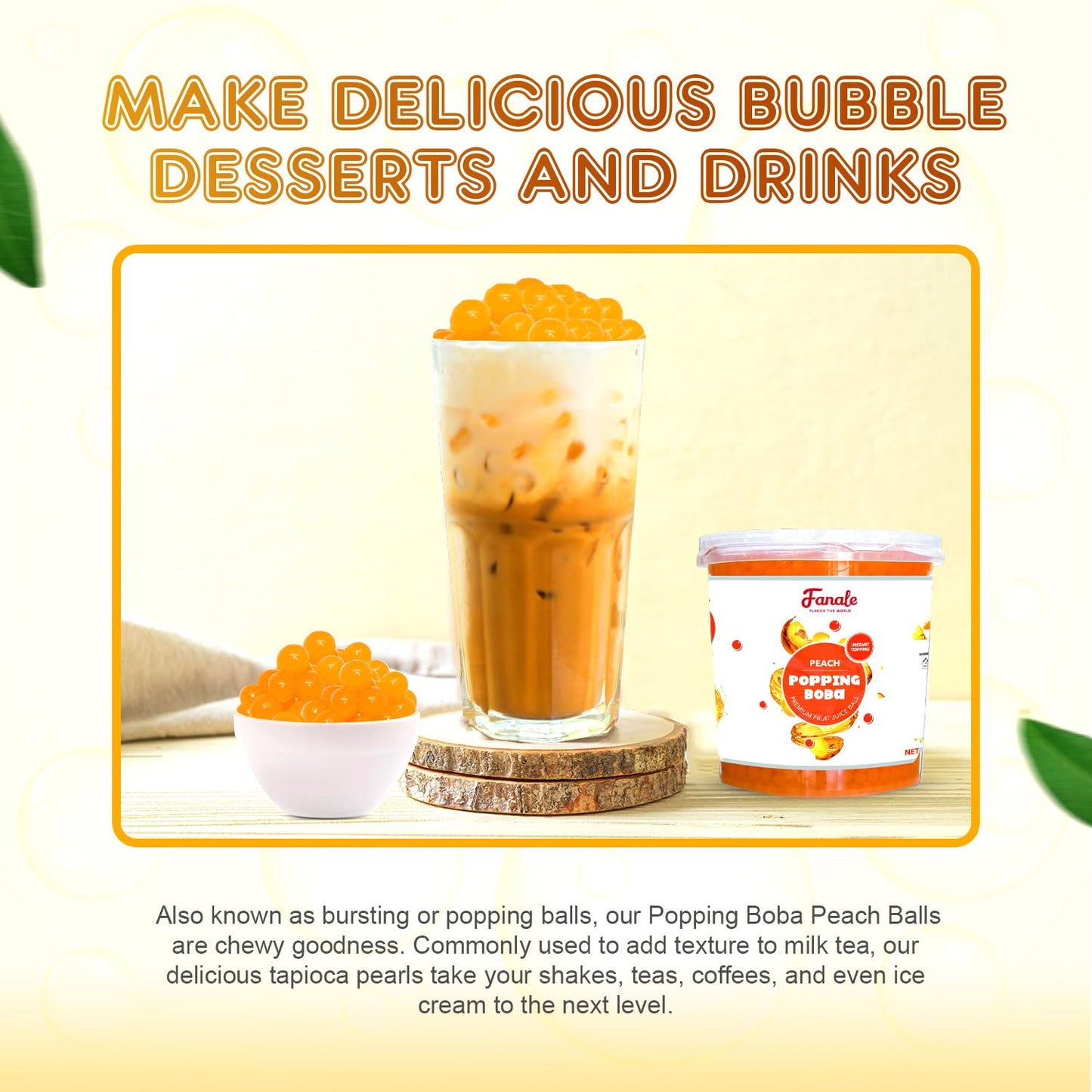 Fanale Peach Popping Boba Pearls, Vegan, Non GMO, Gluten Free, Fat Free, Perfect for Bubble Tea, Smoothies, Ice Cream, Desserts, and Beverages.
