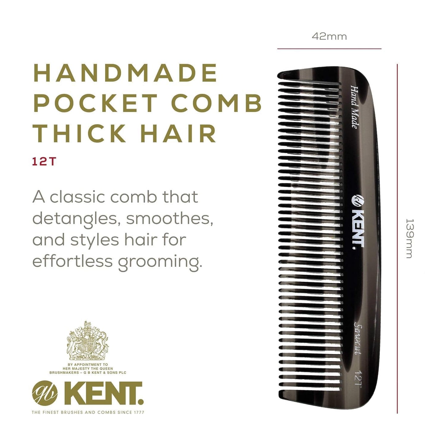 Kent 12T Wide Tooth Detangling Comb - Handmade Pocket Grooming Tool for Thick, Curly, Wavy Hair, Beards and Mustaches - SawCut and Hand Polished