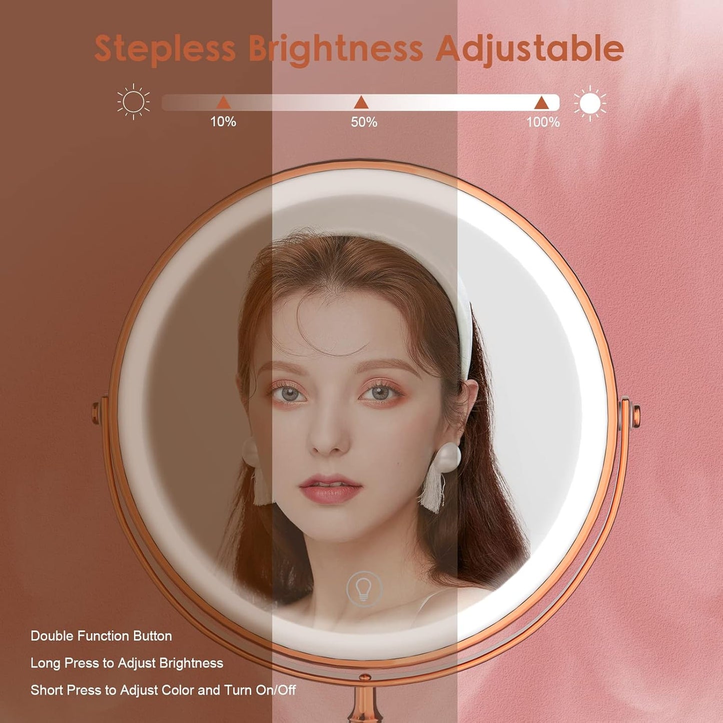 Lighted Makeup Mirror, 3000 mAh Rechargeable Double Sided Magnifying Vanity Mirror with 3 Colors, 1x/10x, 360° Rotation , Brightness Adjustable Magnification Cosmetic Light up Mirror, Women Gift