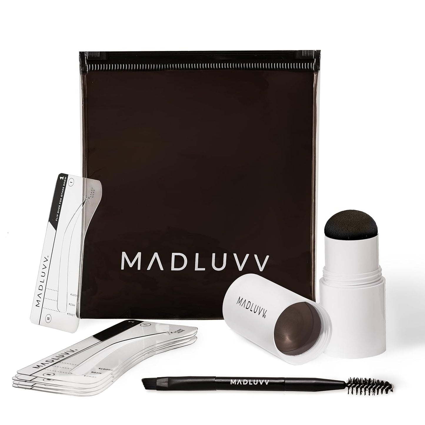 MADLUVV Brow Stamp Kit with Brow Stencils – Easy Eyebrow Shaper for Natural-Looking Brows – Popular Eyebrow Stencil Kit Used by Professionals – 9 Shapes, Spoolie, Travel Bag & Stamp (Dark Brown)
