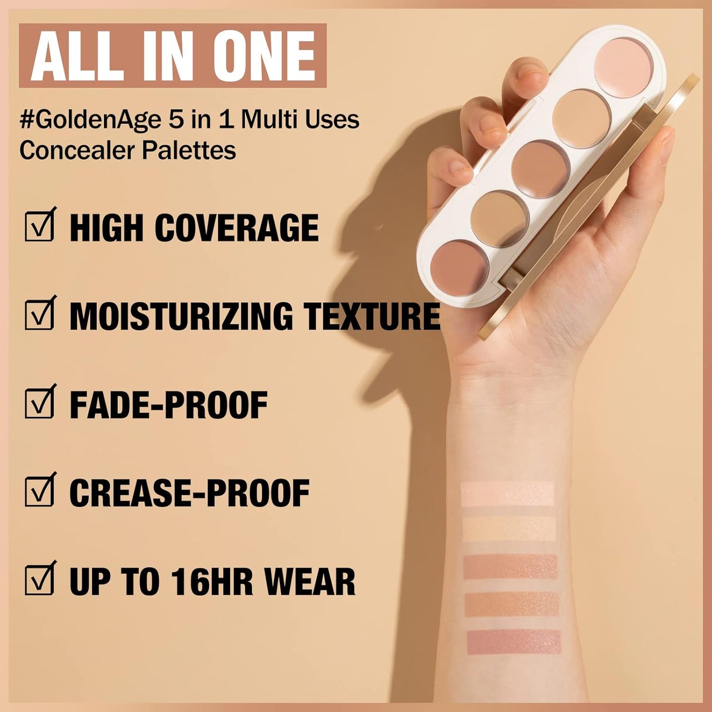 FOCALLURE #GoldenAge 5 in 1 Multi Uses Concealer Palette, 5 Colors Correcting Conceal Palette, Camouflage Contour Palettes for Dark Circles, Face Contouring Highlighter Pallet, 01 LIGHT-MEDIUM