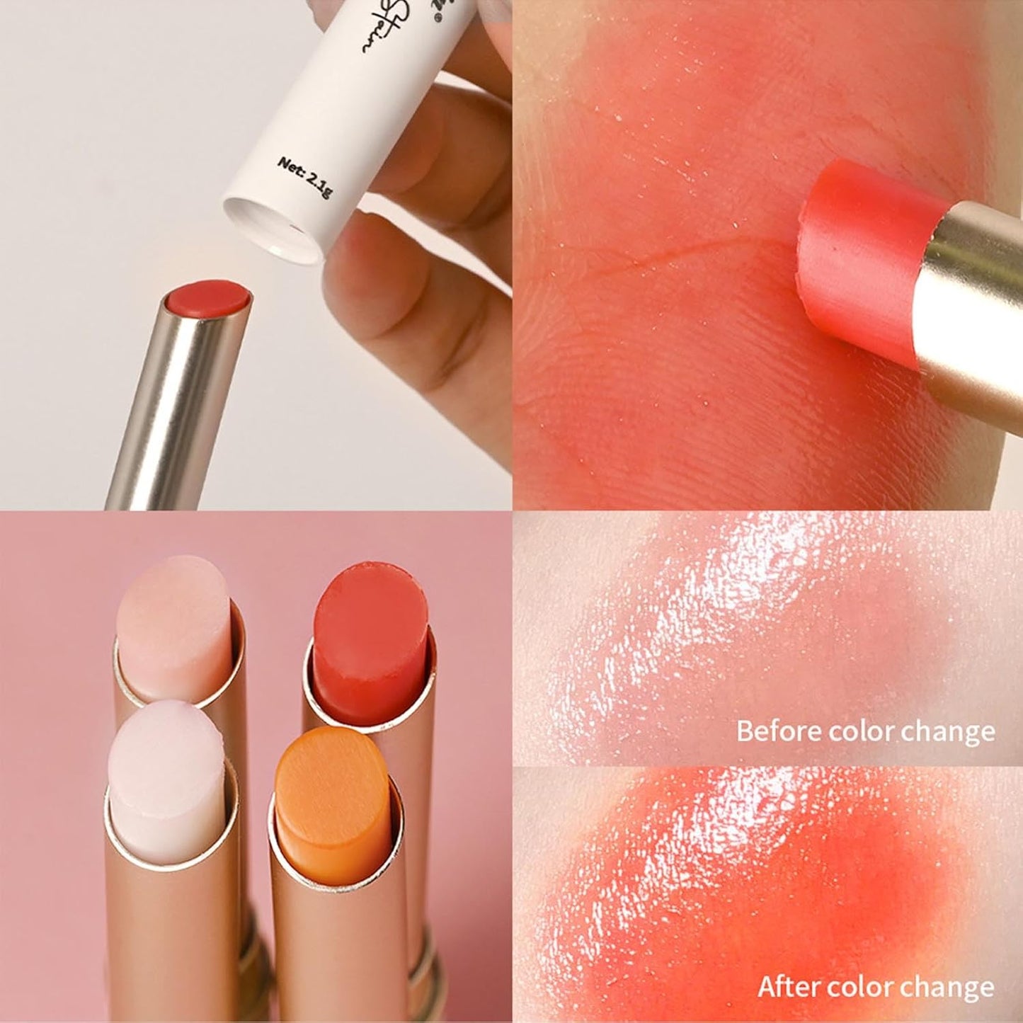4Colors Lip and Cheek Tint Stain,PH-Activated Color Changing Lipstick,Long Lasting Hydrating Tinted Lip Balm Sheer Lightweight Formula Pink Red Lip Makeup Lipstick Makeup for Women