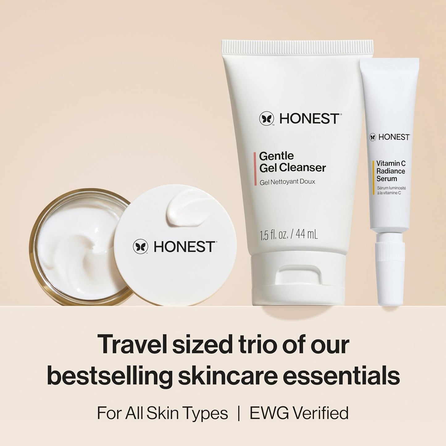 Honest Beauty The Icons Skincare Trio Travel Kit | Mini Hydrogel Cream, Gentle Gel Cleanser, Vitamin C Radiance Serum | Gentle for Sensitive Skin + Vegan