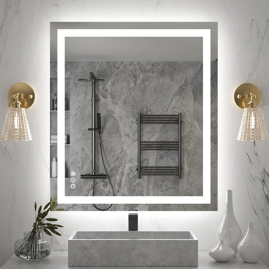 Amorho LED Bathroom Mirror 36''x32'' with Front Light and Backlit, Stepless Dimmable Wall Mirrors with Anti-Fog, Shatter-Proof, Memory, 3 Colors, Double LED Vanity Mirror (Horizontal/Vertical)