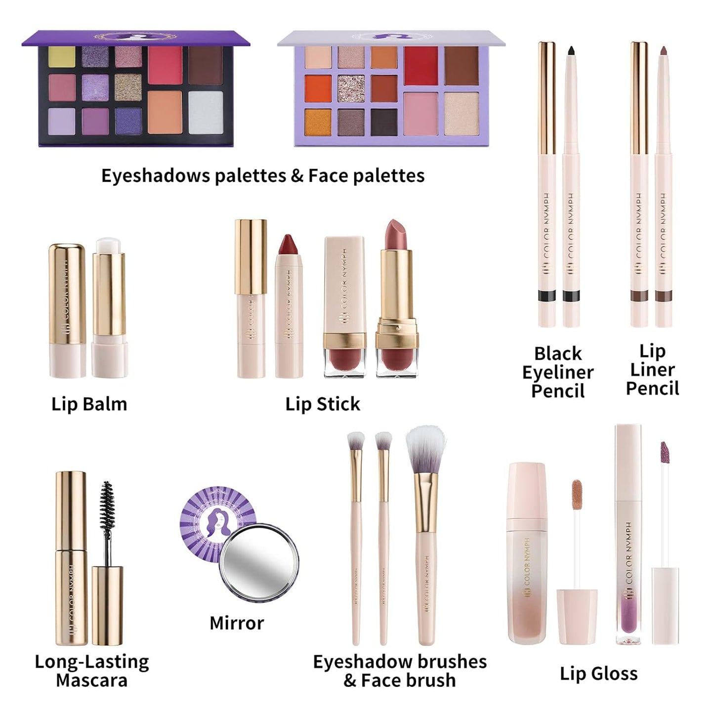 Color Nymph Beginner Makeup Set for Teens, Full Kit Girls Makeup Kits with Exquisite Purple Box Teen Girls Makeup Kit Non-Toxic Includes Eyeshadow Palettes Mascara Lipstick Makeup Set Brushes Kit etc