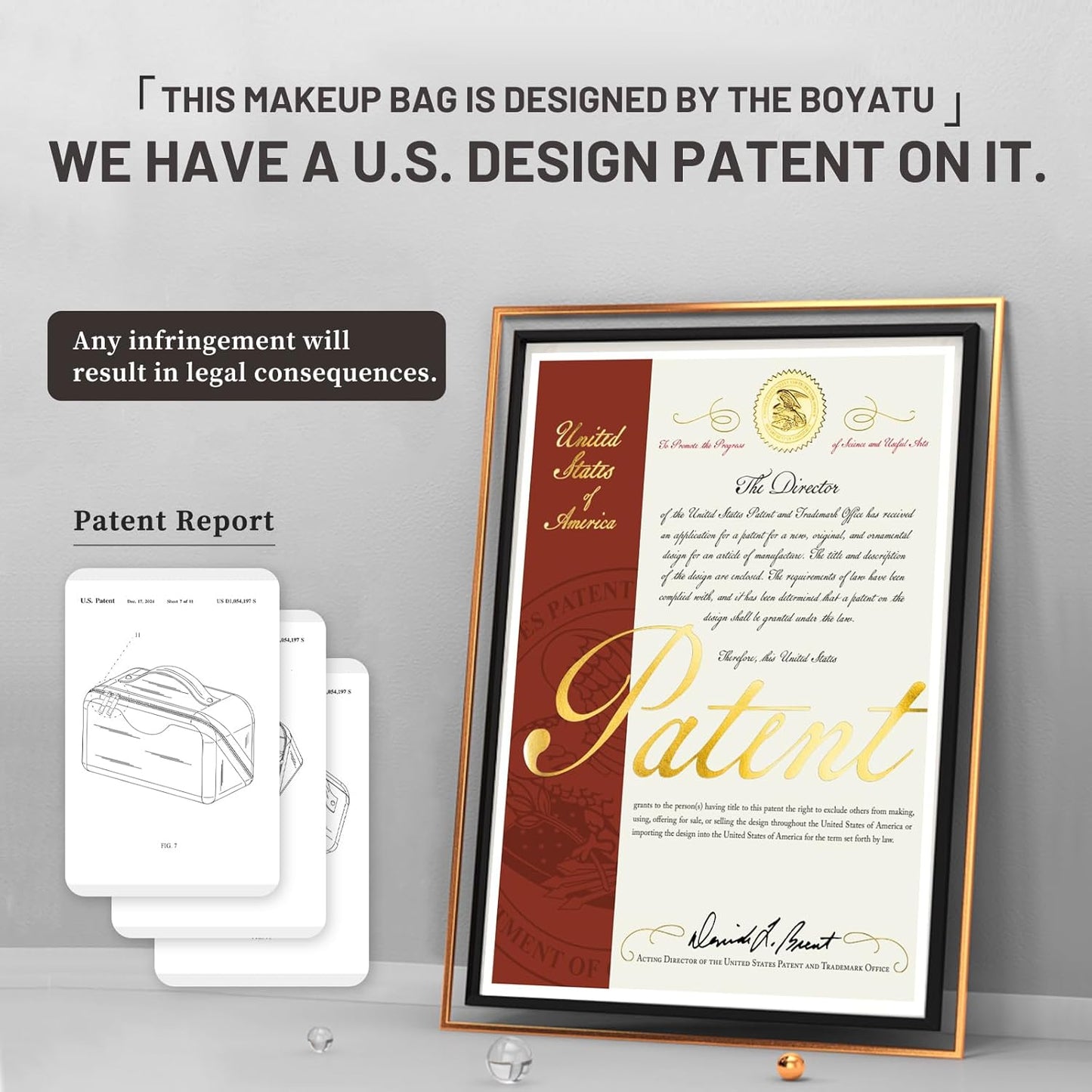 BOYATU Travel Makeup Bags Cosmetic Organizer Bag: 3-Set Large Capacity Make up Bag - PU Leather Toiletry Bags for Women - Wide Open Portable Pouch with Divider & Handle (07-Gold)