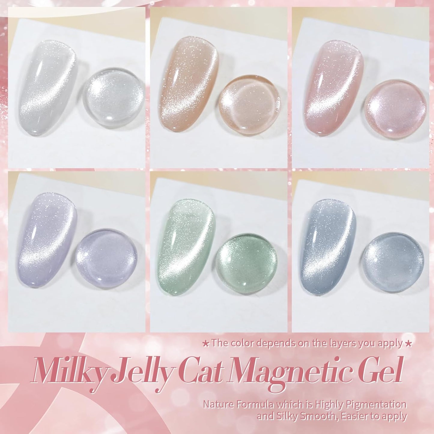 Born Pretty Cat Magnetic Eye Gel Nail Polish, Pastel Milky Jelly Cat Magnetic Gel Pastel Blue Green Purple Pink Nude Silver Nail Art Gel Manicure Salon DIY Gifts 7ML 6PCS