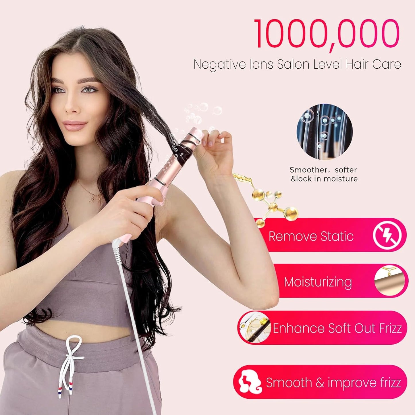 Mini Travel Curling Iron, European Travel Curling Iron Dual Voltage (100V-240V) Mini Size for Short Hair 1 inch, Portable Hair Curler with 30s Fast Heating Constant 180° for International (Pink)