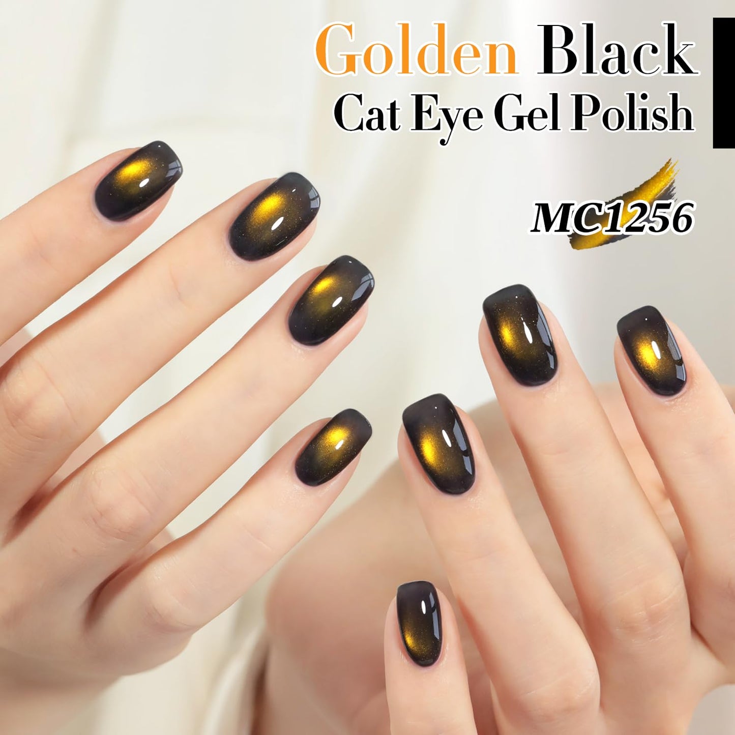 Double Rhythm Jelly Glass Cat Eye Gel Polish with Magnet 15ML Holographic Glitter Shimmer Translucent Sheer Color Magnetic Nail Polish Salon DIY at Home (Golden Black-MC1256)