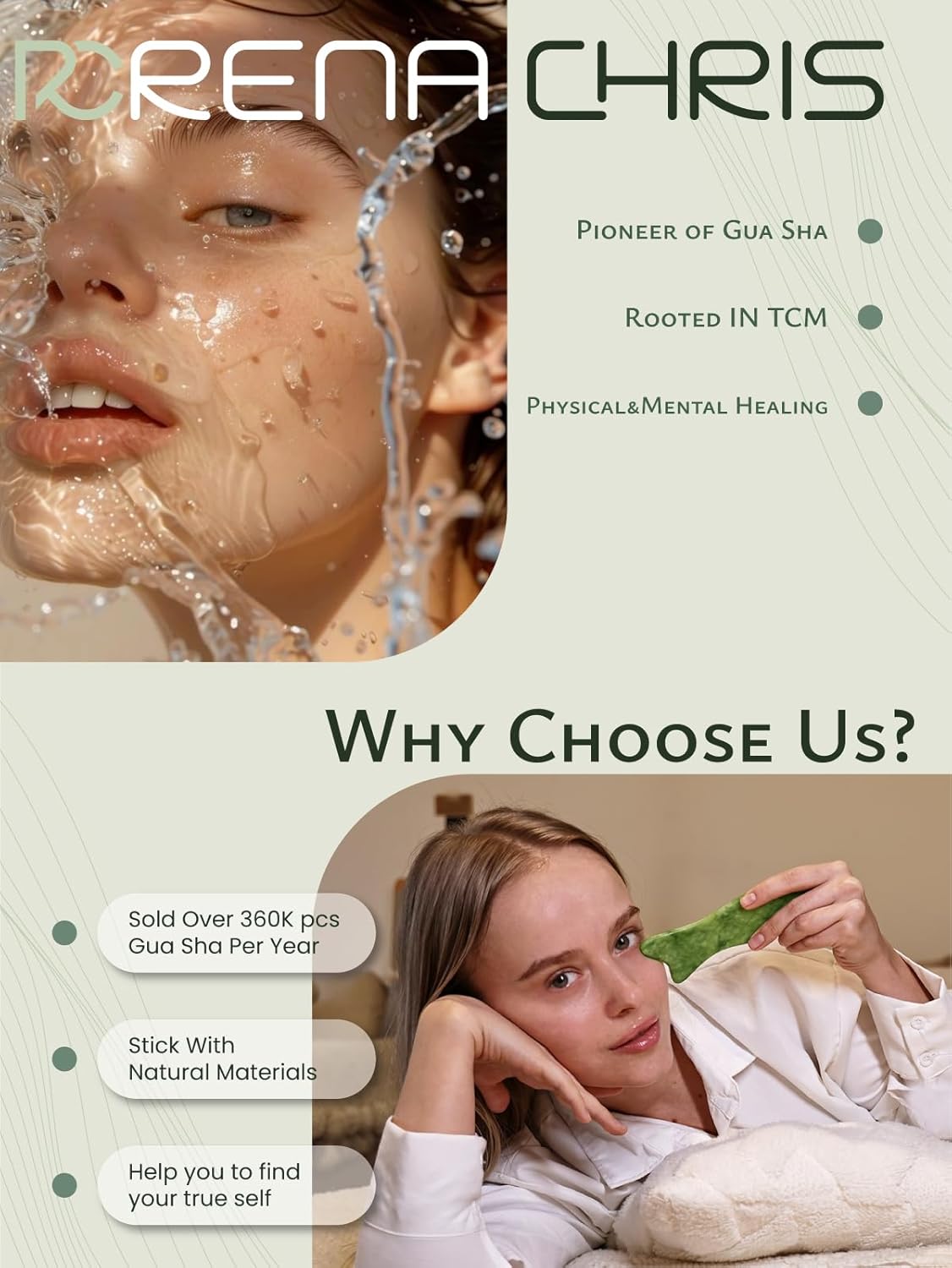 Rena Chris Natural Jade Gua Sha Facial Tools - Acupressure & Gua Sha for Face Massage, Jawline Sculpting, Puffiness Reduction, Guasha Skin Care Tool with Carry Pouch and Cleaning Cloth