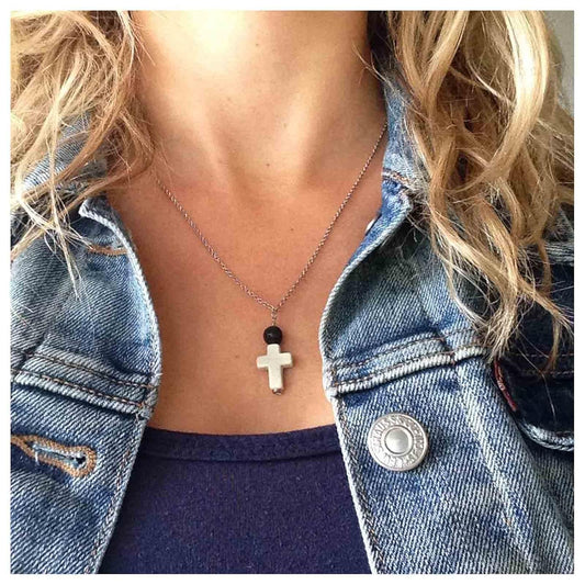 Boho Cross Pendant Necklace Black Lava Bead Choker Necklace Silver Chain Necklace Minimalist Everyday Necklace Jewelry for Women and Girls