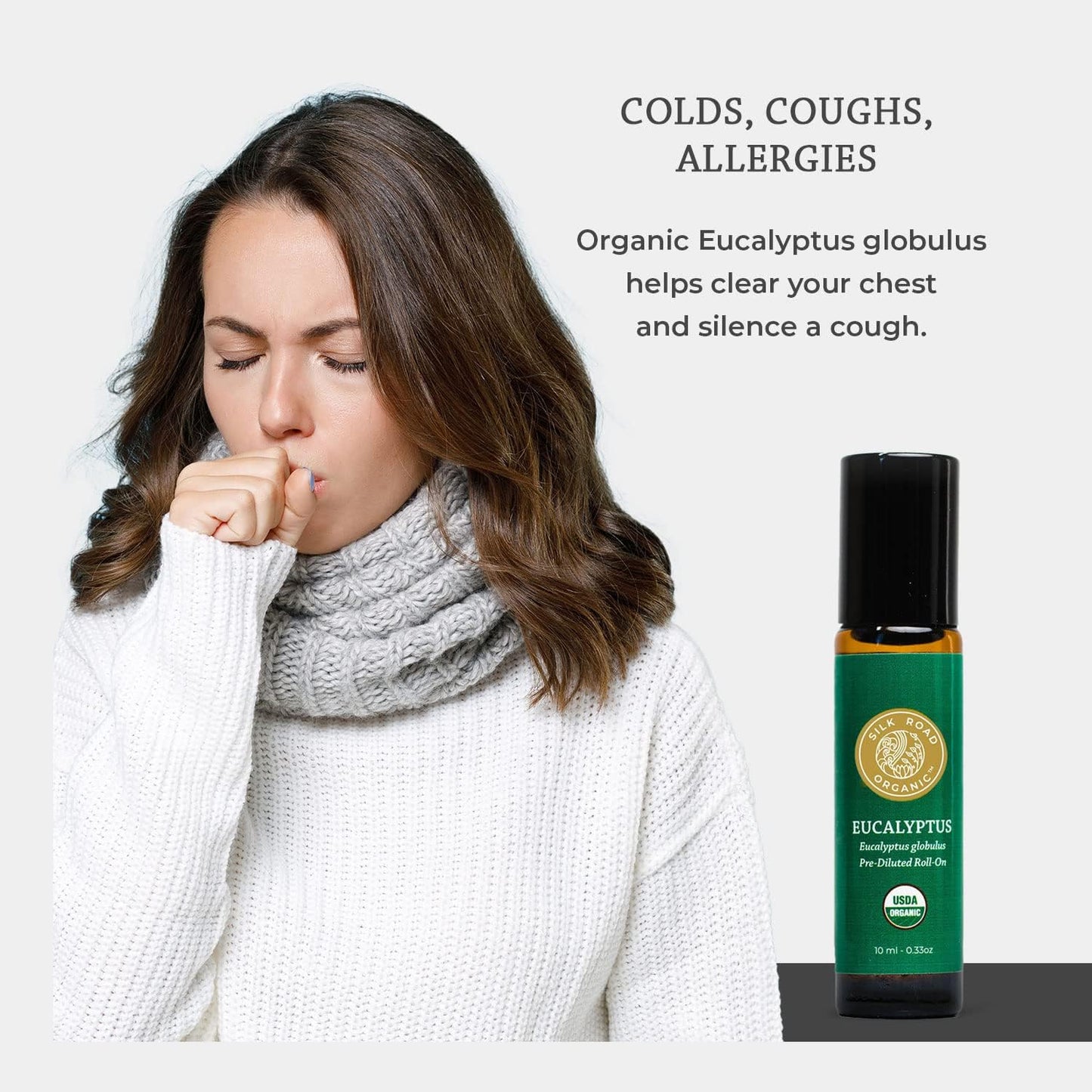 Silk Road Organic Eucalyptus Essential Oil Roll On, 100% Pure USDA Certified - Respiratory Health, Colds, Cough, Sinus & Allergy Congestion - 10 ml Roller - Always Pure, Always Organic