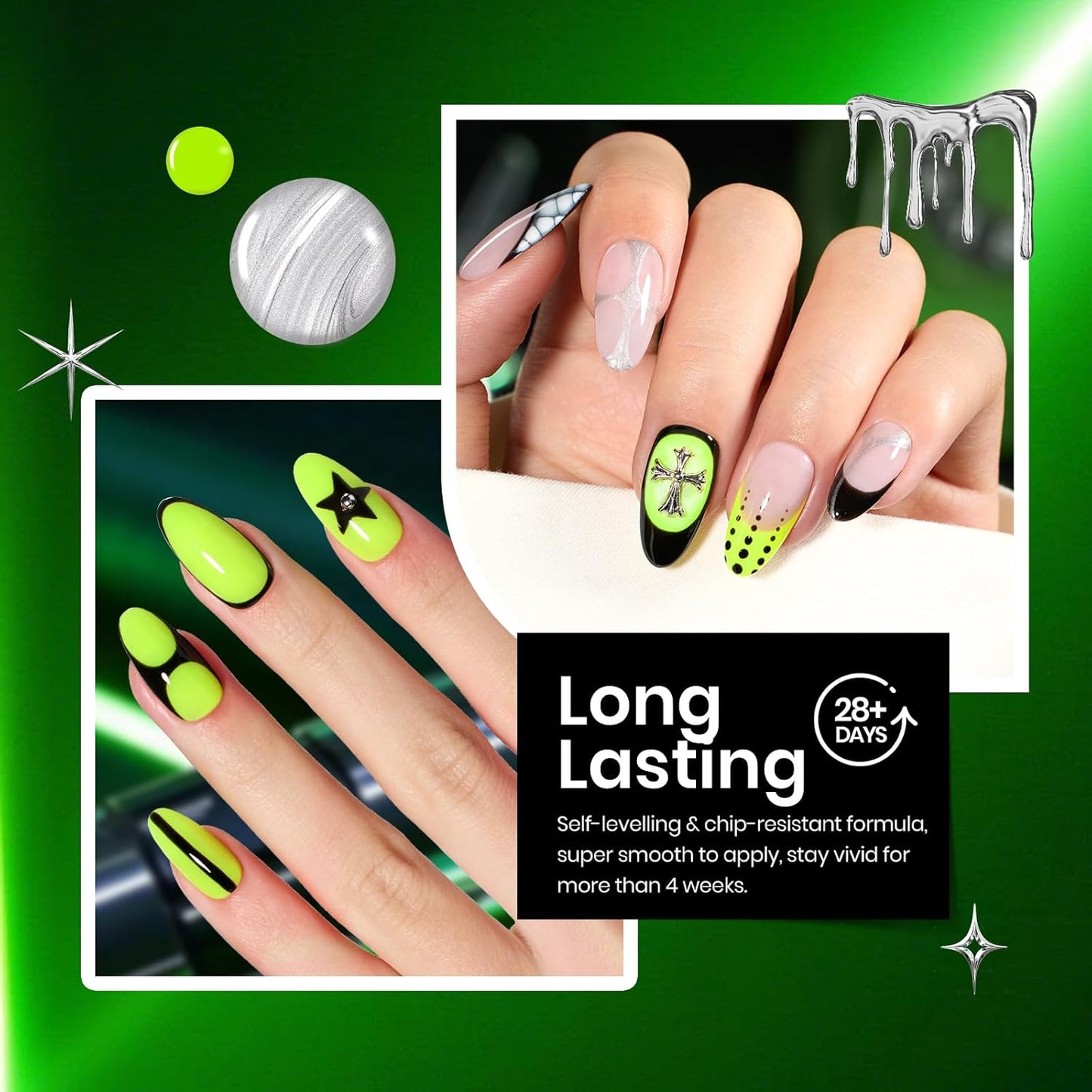Beetles Neon Green Gel Nail Polish Set, Halloween Black Glitter Silver Brat Tribe Gel Polish with Rhinestones for DIY Nail Art Festival Manicure Gift for Women