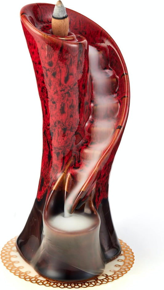 Unique Cloud Stairs Ceramic Waterfall Incense Holder, Paired with a Pack of Backflow Incense Cones. (Fambe Red)
