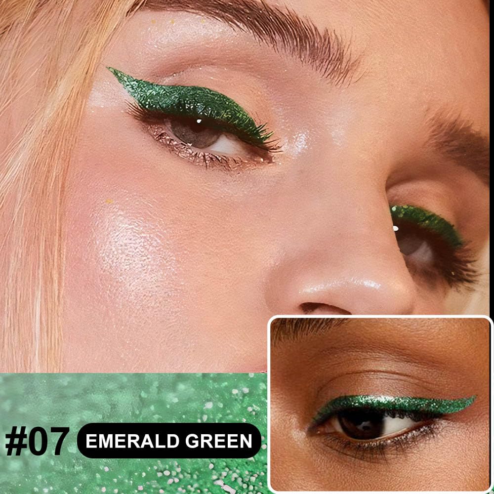 evpct 1Pcs Emerald Dark Green Glitter Shimmer Liquid Eyeliner Eye Shadow Makeup Pencil, Green Face Body Glitter Fake Eyelashes Lashes Mascara Accessories, Sparkle Metallic Colored Eyeliner Waterproof
