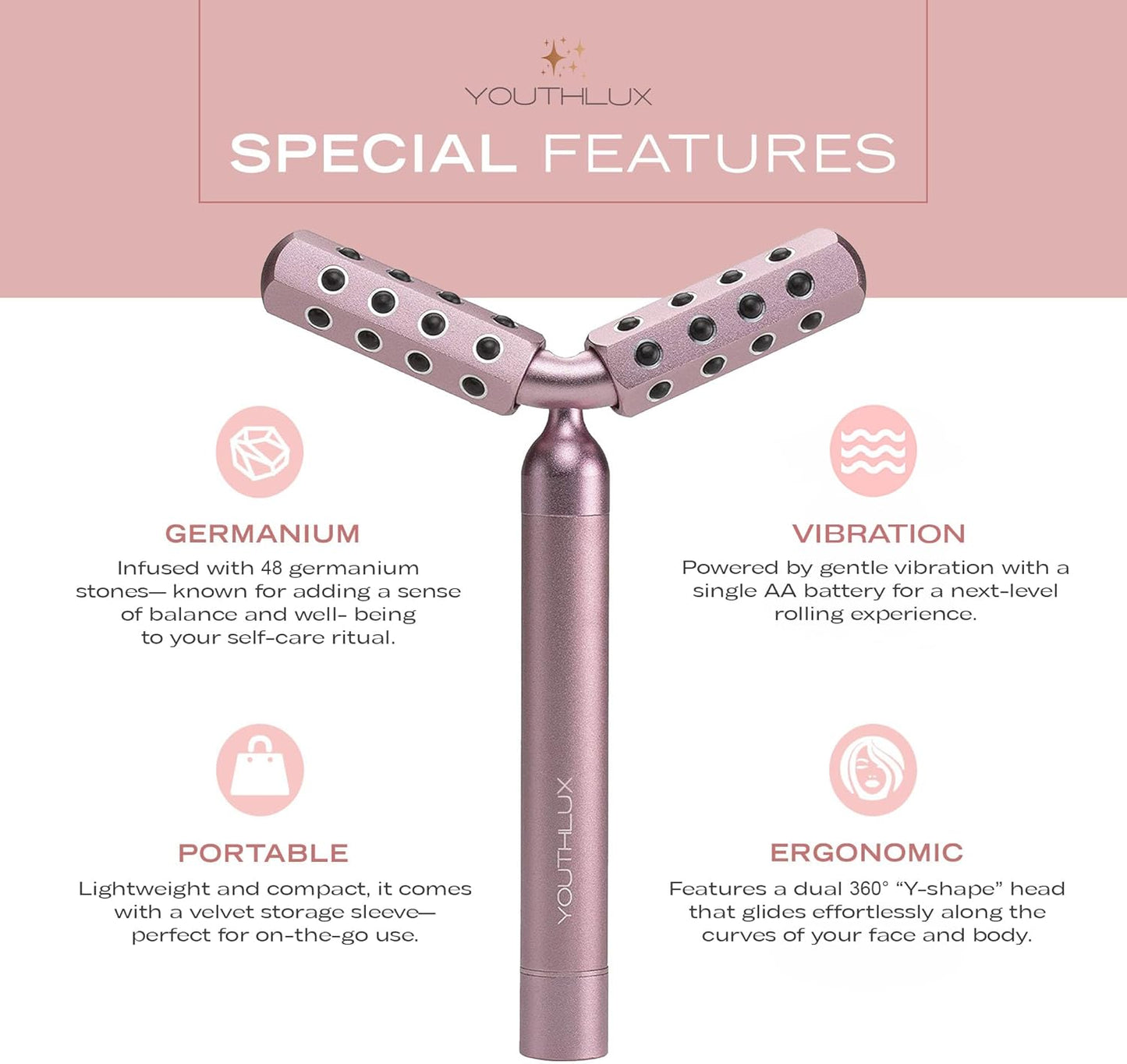 Revolution Roller - Germanium Stone Uplifting Face/Body Beauty Massage Tool/Roller/Wand for Skin Tightening/Firming, De-Puffing, Anti-Aging (Rose Gold)
