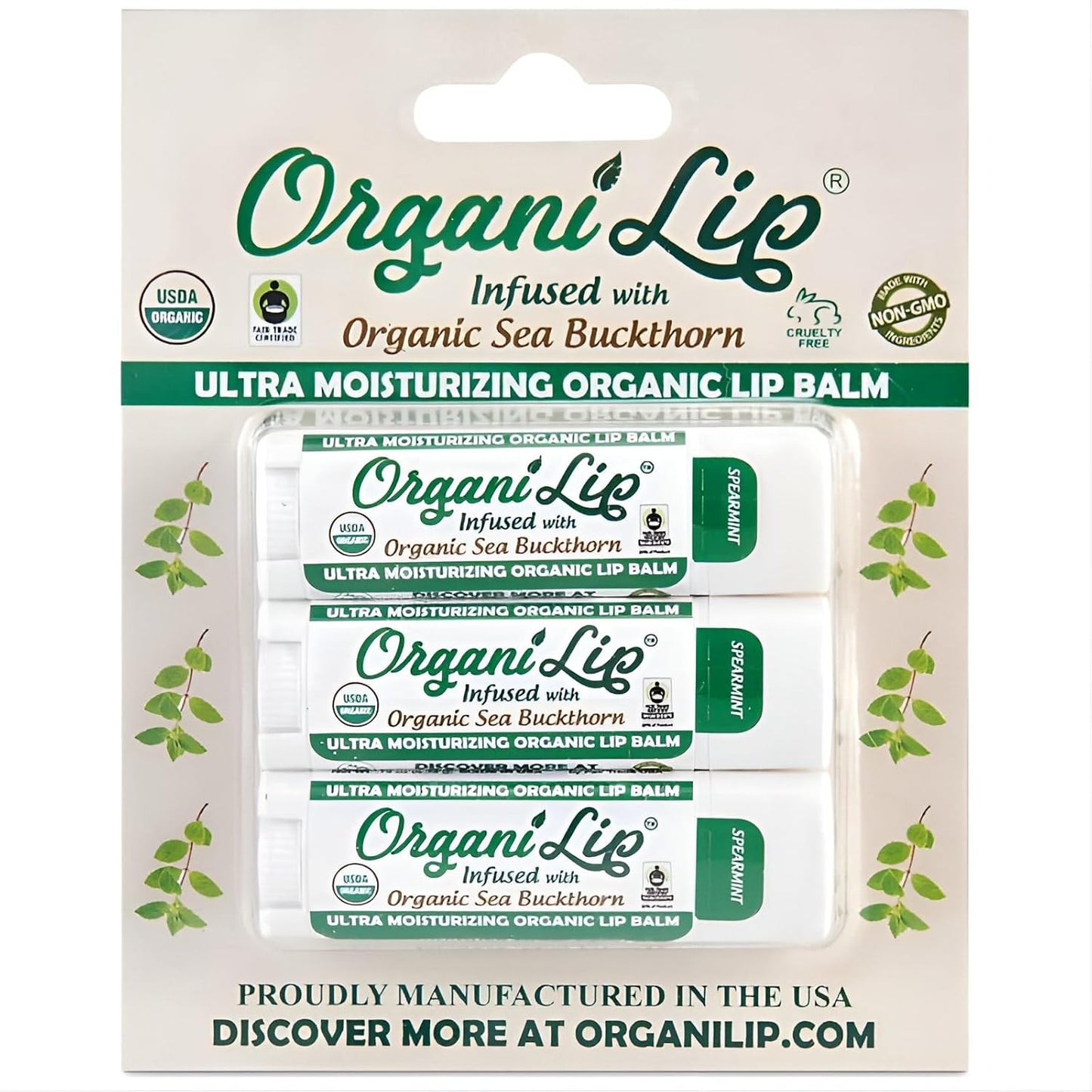 Organic Lip Balm, Spearmint Flavor, Ultra Hydrating Lip Moisturizer for Dry Lips, Oval Shaped Tube, USDA Certified Organic, 3 Pack - OrganiLip