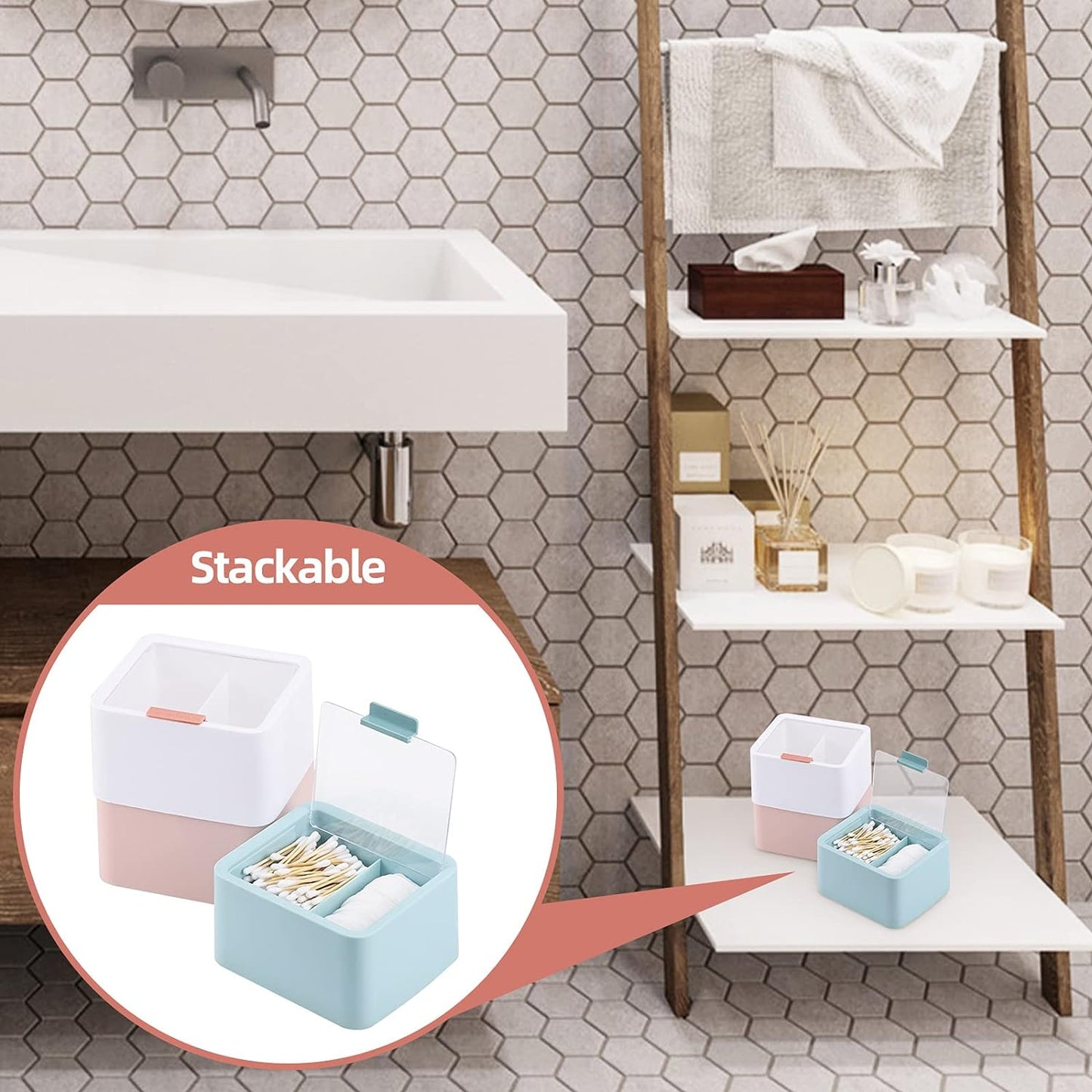 Tecbeauty Large Qtips Holder - 2 Grid Cotton Swab Dispenser, Bathroom Organizer with Cotton Balls, Pads Storage Canisters, Hinged Lids, Blue