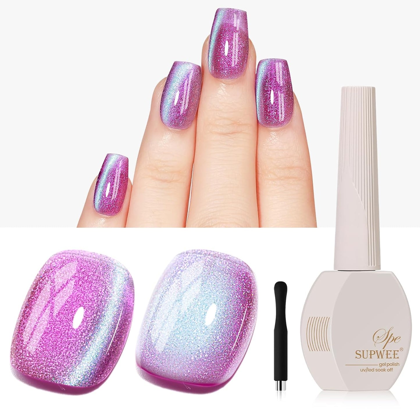 9D Cat Magnetic Eye Gel Nail Polish Holographic Pink Aurora CatEye Gel Polish Glitter Shimmer Reflective Effect with Magnet Soak Off Salon DIY at Home