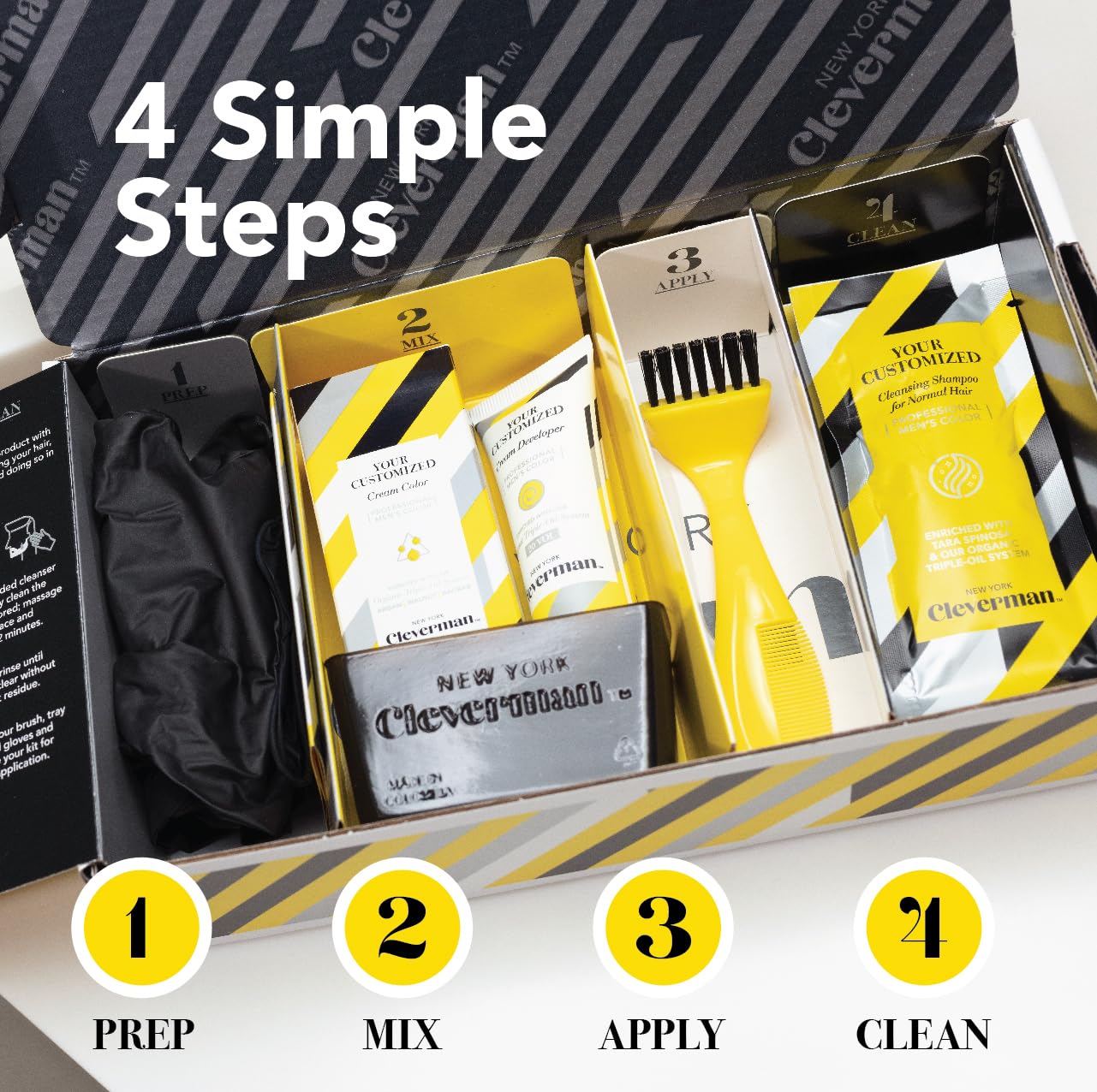 Cleverman Hair & Beard Dye Kit for Men, All-in-One Reusable Mens Hair Color, Natural Gray Coverage, Ammonia-Free Beard Mustache Dye for Men (Black for Black Men)