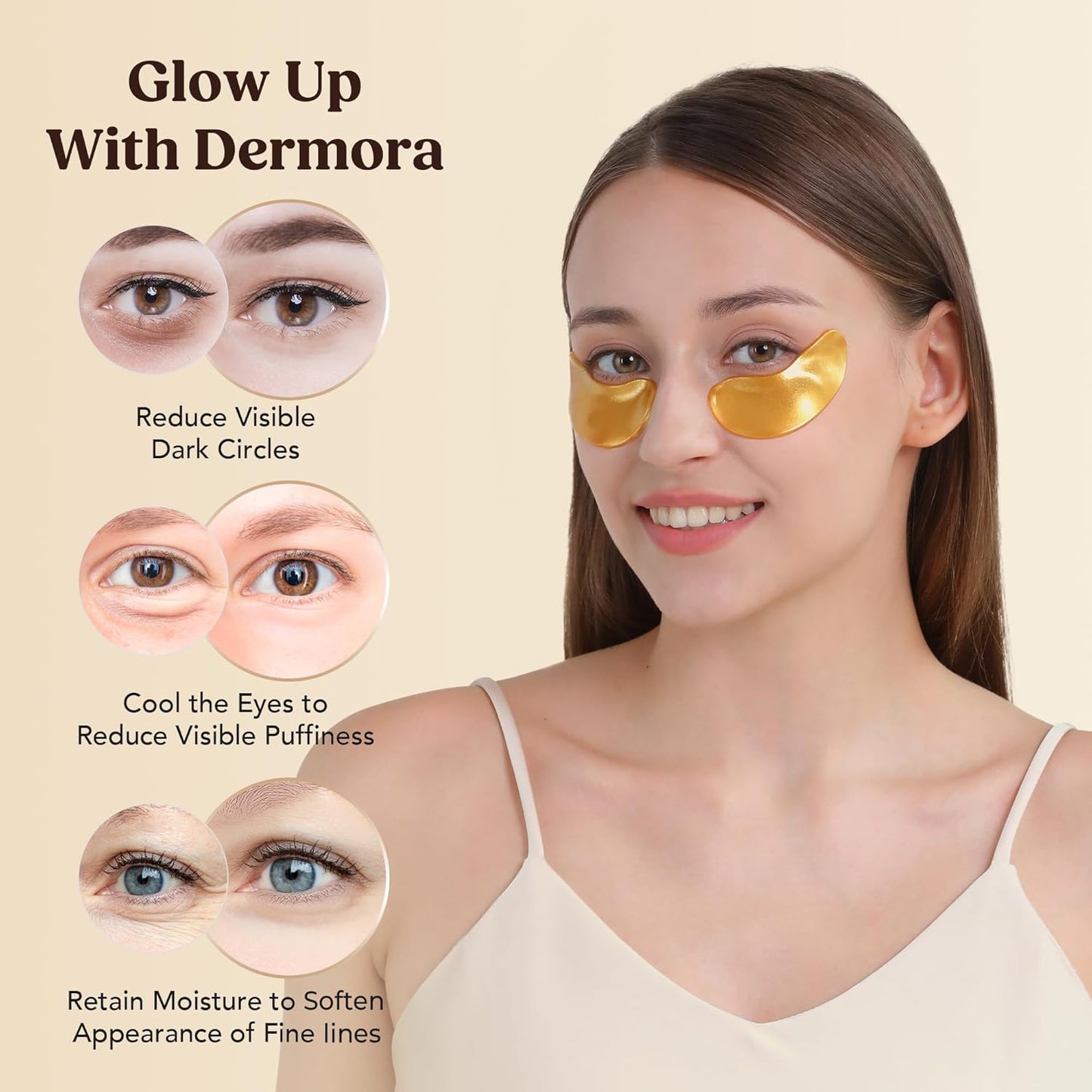 DERMORA Golden Glow Under Eye Patches (100 Pairs Eye Gels) | Rejuvenating Treatment | Dark Circles, Puffy Eyes, Refreshing, Revitalizing, Travel, Wrinkles