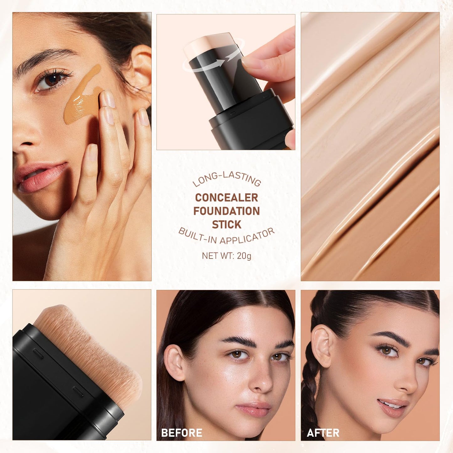 2PCS Long-Lasting Concealer Foundation Stick, Full Coverage Foundation Stick, 2-in-1 Contouring foundation with Brush, Cover Blemishes for All Skin Types (01#Ivory)