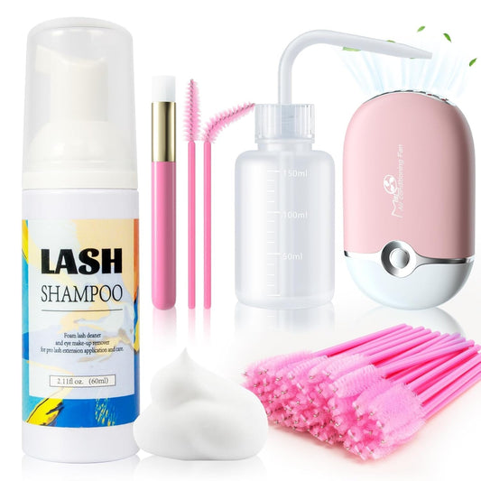 Buqikma Lash Shampoo - 60ML Lash Cleanser with Fan Brush, Rinse Bottle and 50 Pcs Mascara Brush, Rich Foam Wash for Eyelash Extensions at Home (Pink)