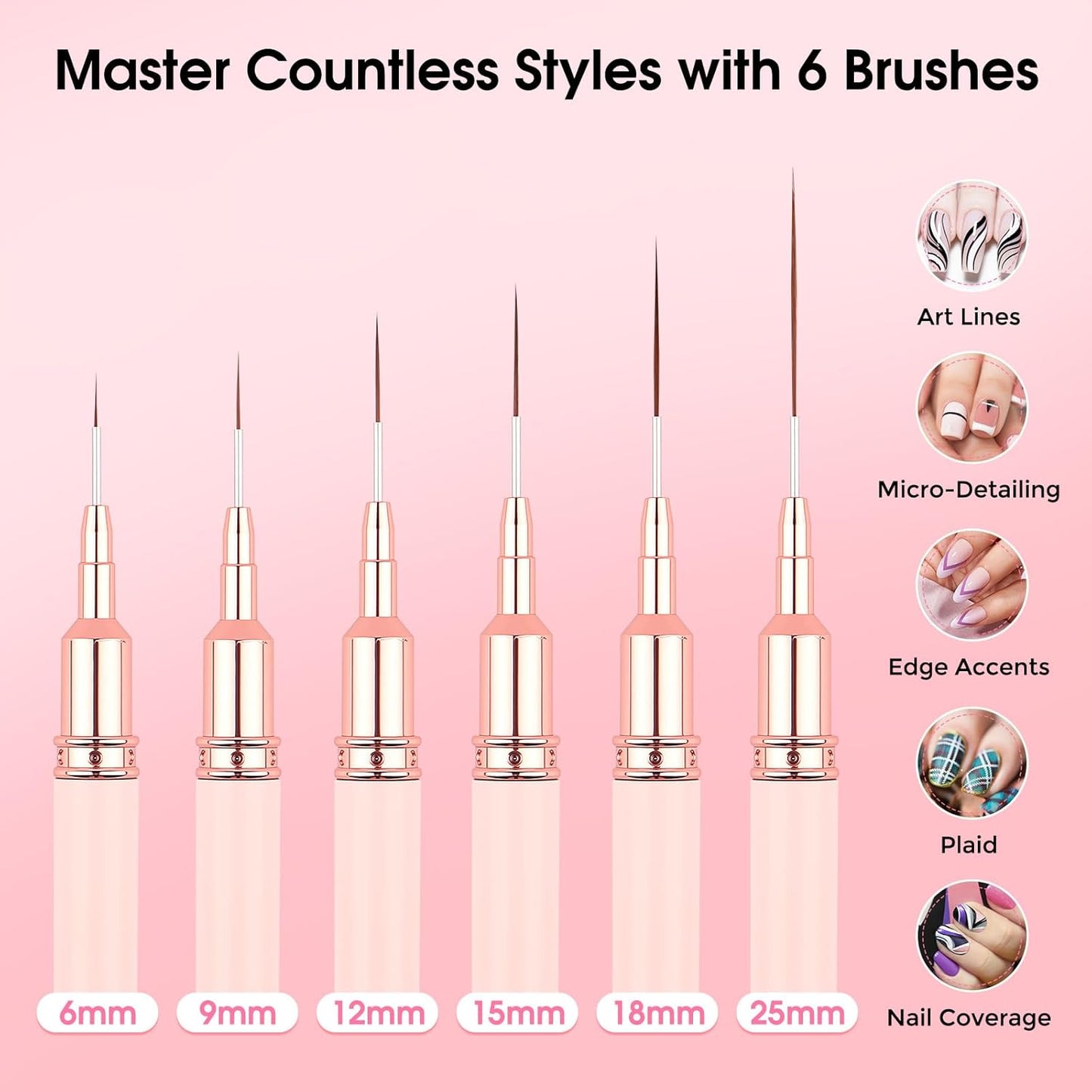 Nail Art Brushes, 6 Pcs Nail Liner Brushes for Nails, Nail Brushes for Nail Art Lines, Details, Edge and Plaid, Nail Art Brushes with Cap, Thin Liner Brushes Sizes 6/9/12/15/18/25 mm, Pink