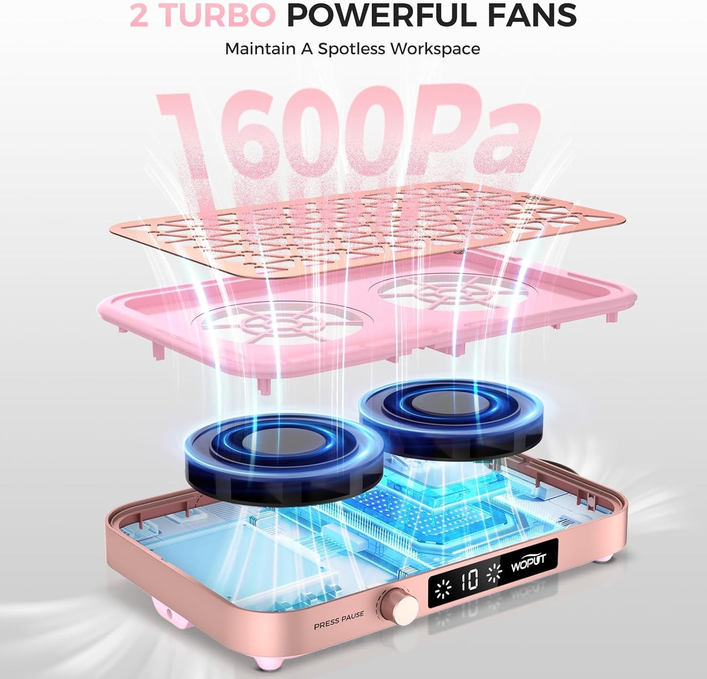 Professional Nail Dust Collector, 1600PA Portable Vacuum Fan Dust Collector with Disposable Filter Paper (30 Pcs) for Nail Polishing & Manicure Pedicure, Low Noise, Nail Salon & Home - Pink