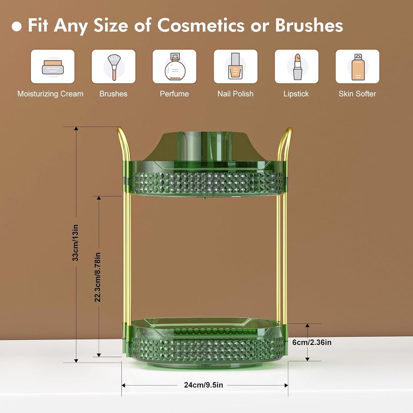 Awenia Rotating Makeup Organizer 360, Stackable Adjustable Large Capacity Cosmetic Storage Unit,Dresser Bathroom Kitchen Countertop Organizer with Metal Handle, Plus Size (Gem Green, 2 Tier)