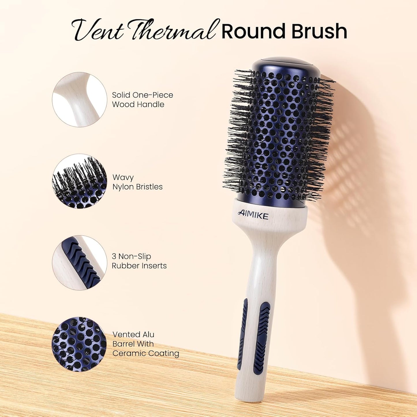 AIMIKE Nano Ionic Tech Large Round Brush, Ceramic Round Brush for Blow Drying, Styling and Boost Volume, Natural Wood Round Hair Brush, One Piece Design - 2 Inch/52mm