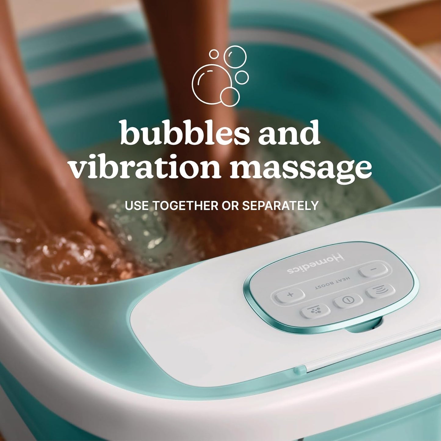 Homedics Smart Space Deluxe Footbath with Heat Boost, Patented Collapsible Design, Invigorating Bubble + Vibration Massage, 3 Pedicure Attachments, Safety-Lock System, Includes Bath Salts