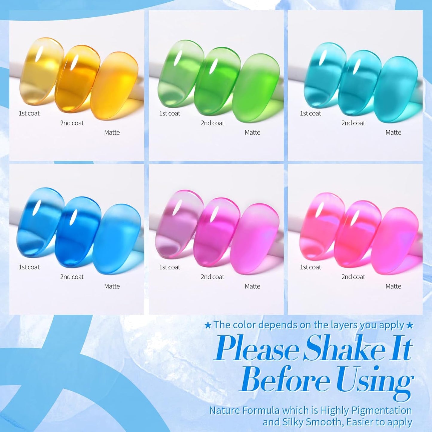 Born Pretty Jelly Gel Nail Polish Halloween Neon Gel Polish,Hot Pink Purple Blue Green Yellow 6Colors Translucent Effect,Soak Off U v LED Light Cure Nail Art Kit for Salon Manicure and DIY at Home