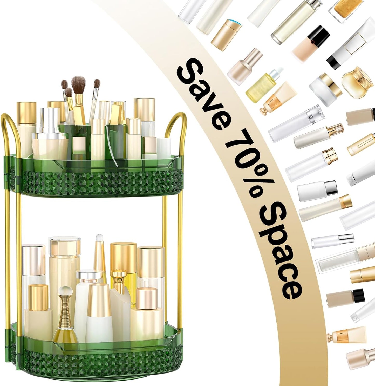 360° Rotating Makeup Organizer 2 Tier, Large Skincare Clear Make Up Storage Spinning Perfume Organizers for Bathroom Counter Dresser, Green